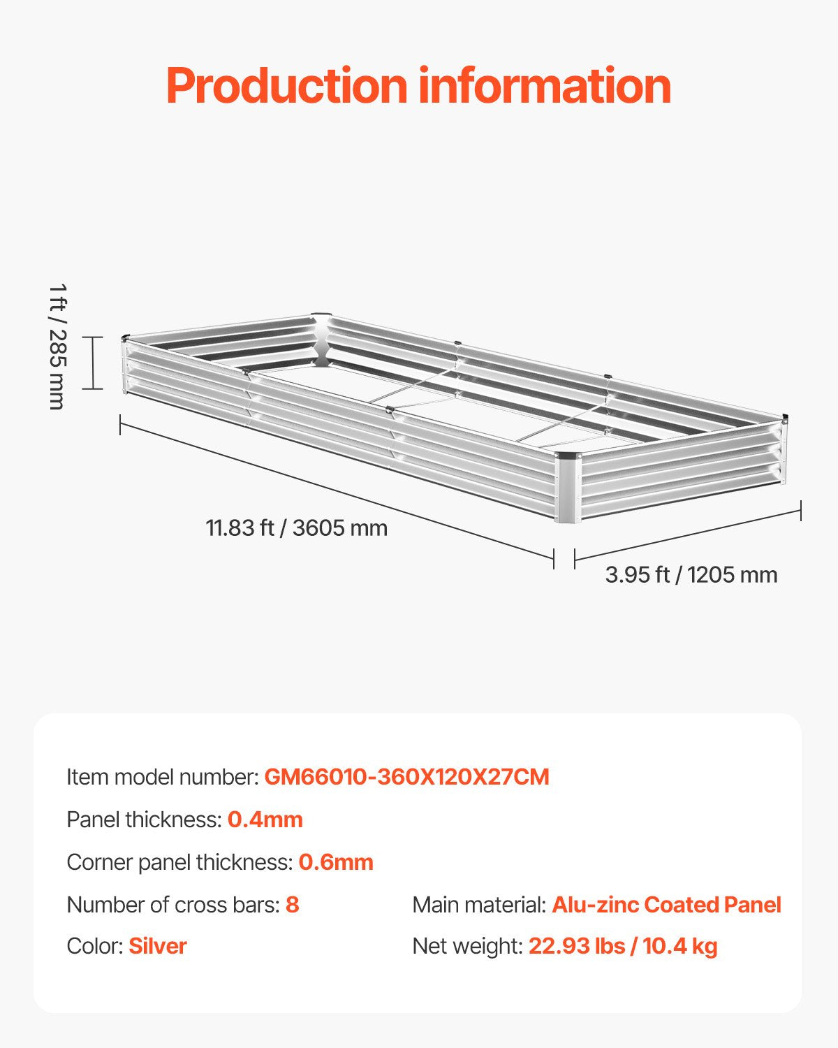 VEVOR Metal Raised Garden Bed 12x4x1 ft Outdoor Galvanized Planter Box Silver