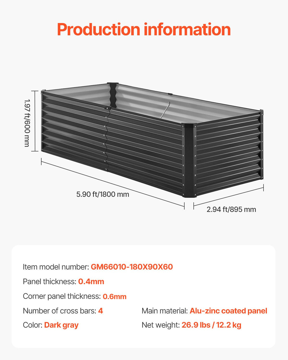 VEVOR Metal Raised Garden Bed 6x3x2ft Outdoor Galvanized Planter Box Dark Gray