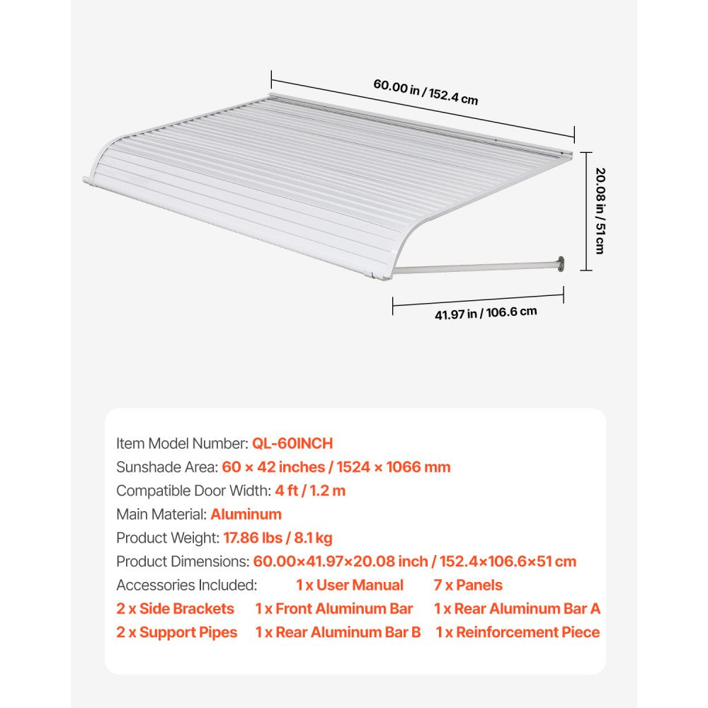 VEVOR Window Awning Door Canopy 60x42 in Aluminum Alloy Front Door Awnings