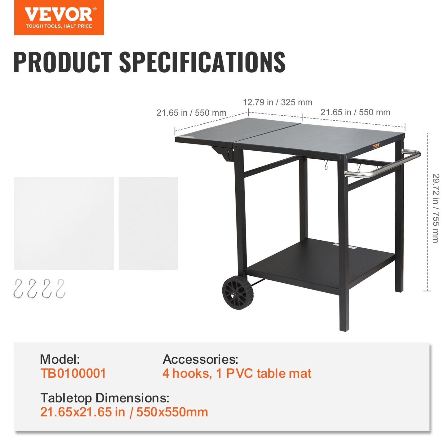 Outdoor Grill Cart with Double-Shelf, 0.55m BBQ Table, Portable & Foldable Design