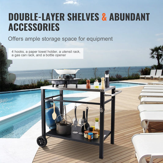Outdoor BBQ Prep Cart with Double-Shelf, 0.85x0.55m Stainless Steel Table