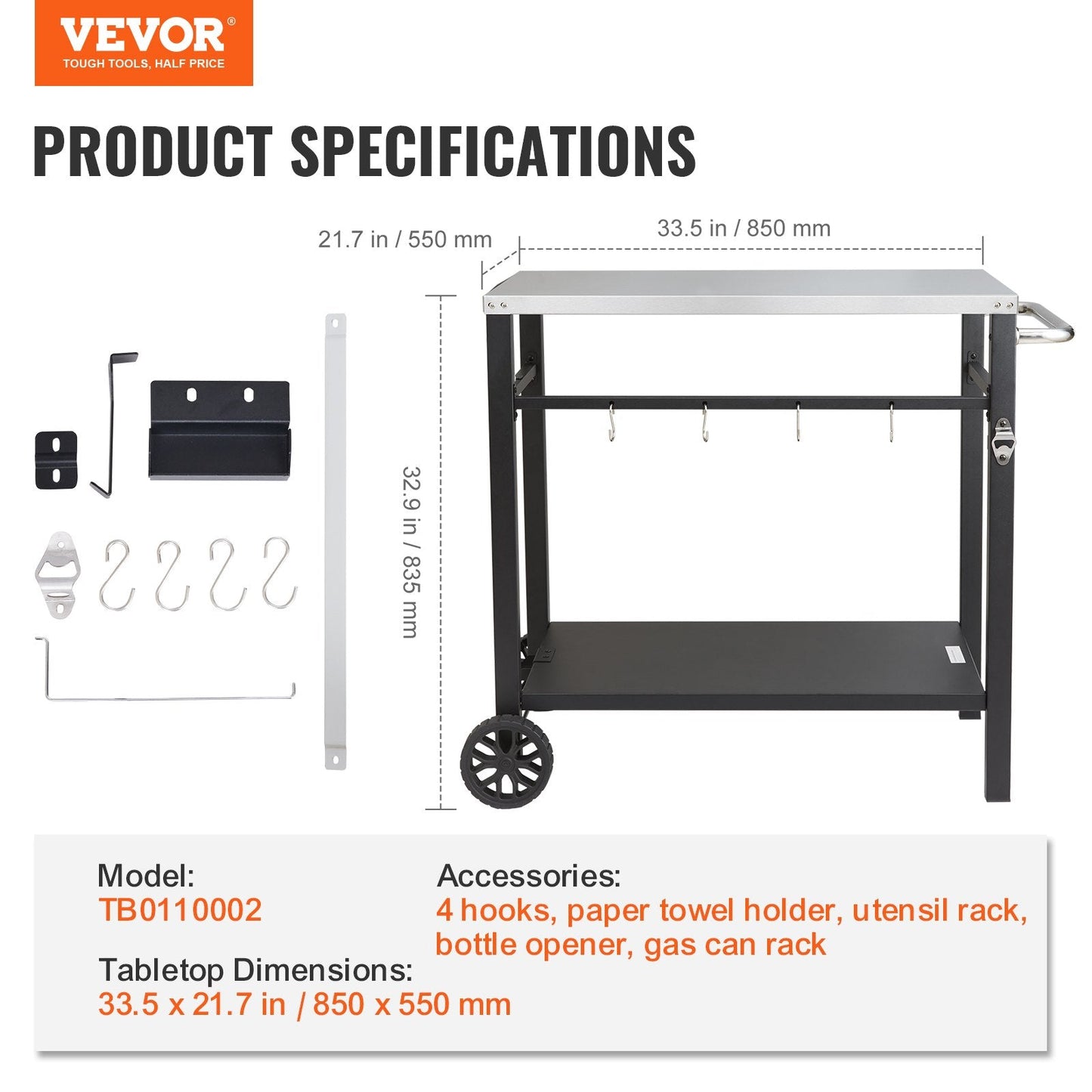 Outdoor BBQ Prep Cart with Double-Shelf, 0.85x0.55m Stainless Steel Table