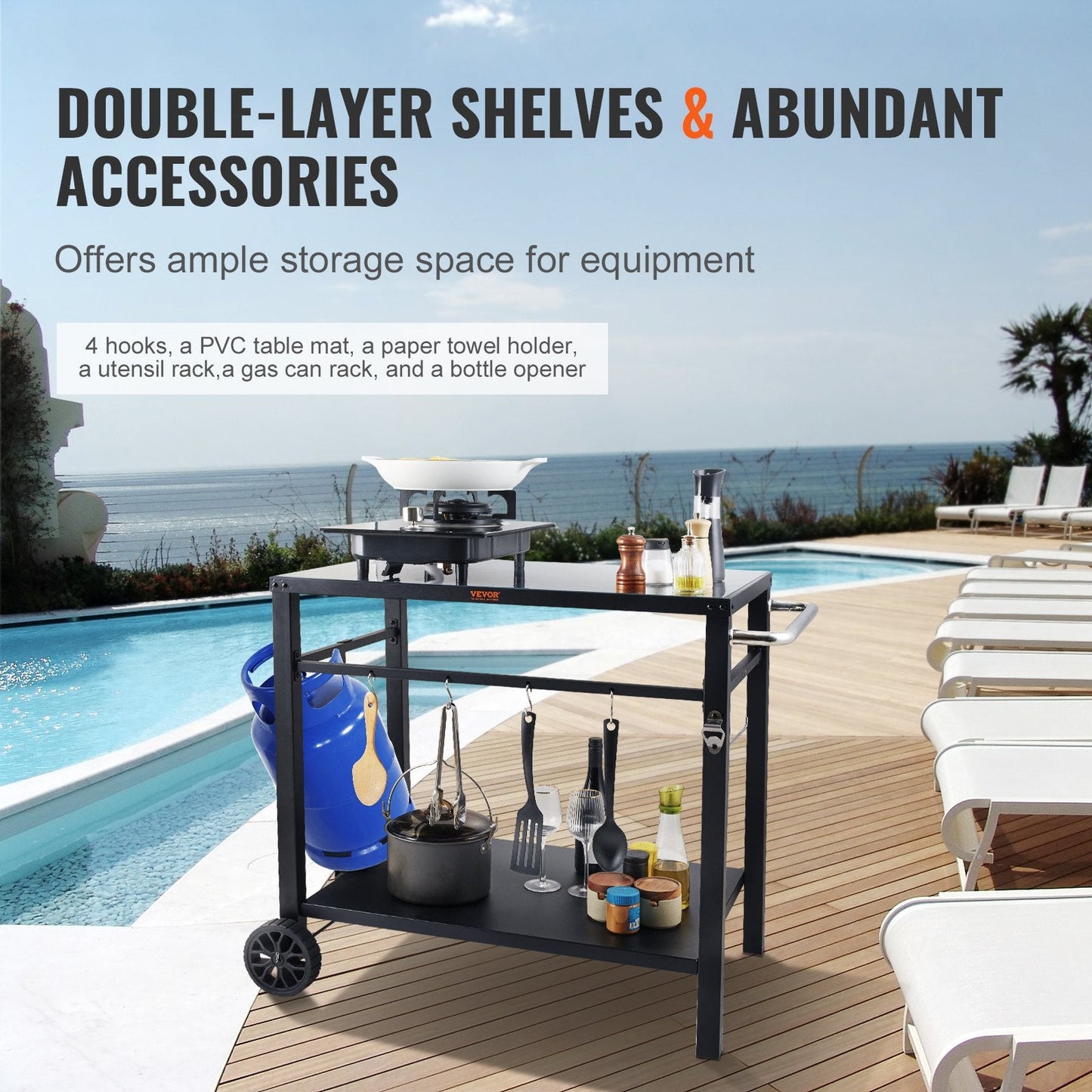 Outdoor BBQ Cart with Double Shelves, 0.85x0.55m Iron Top, Portable & Durable