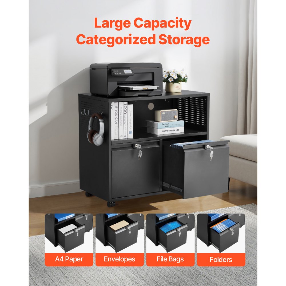 2 Drawers Lateral Metal File Cabinet with Lock and Hanging Rod Black