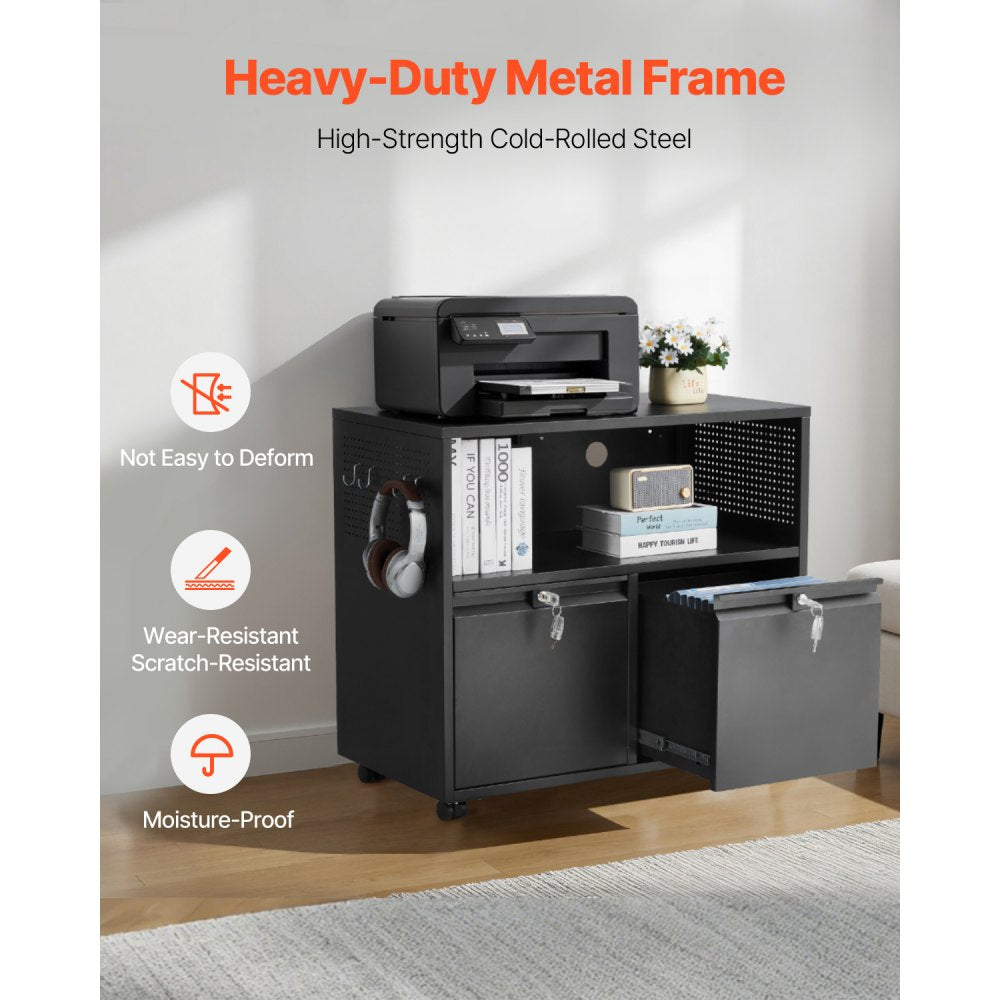 2 Drawers Lateral Metal File Cabinet with Lock and Hanging Rod Black
