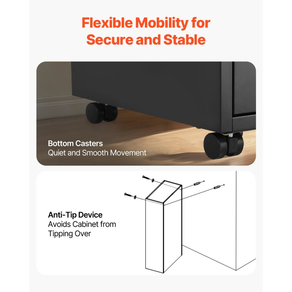 2 Drawers Lateral Metal File Cabinet with Lock and Hanging Rod Black