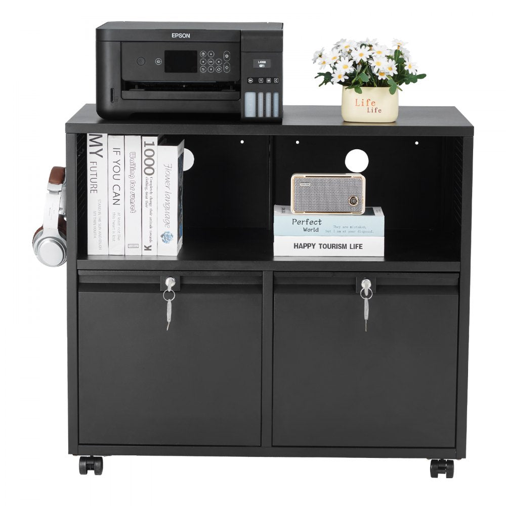 2 Drawers Lateral Metal File Cabinet with Lock and Hanging Rod Black