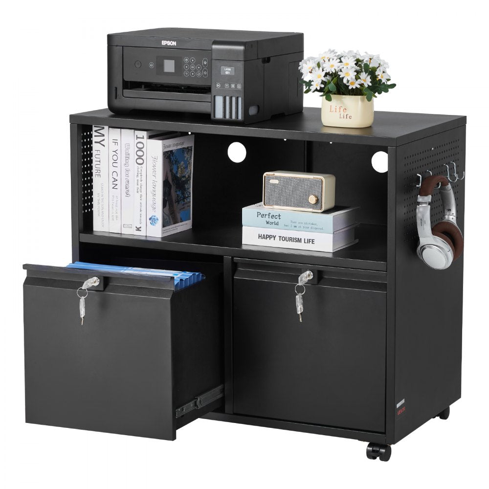 2 Drawers Lateral Metal File Cabinet with Lock and Hanging Rod Black