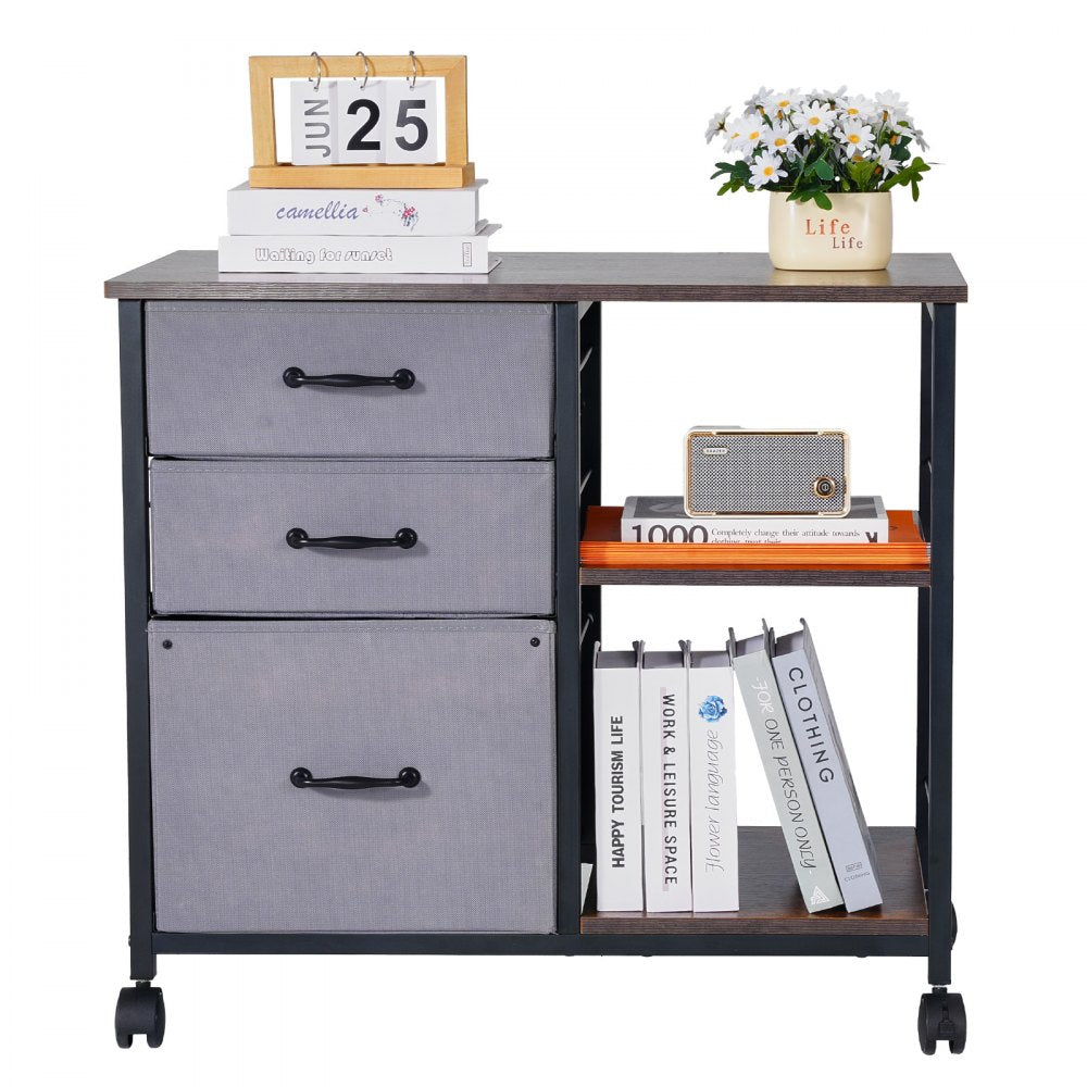 Mobile Metal File Cabinet with 3 Fabric Drawers and 2 Open Shelves Brown