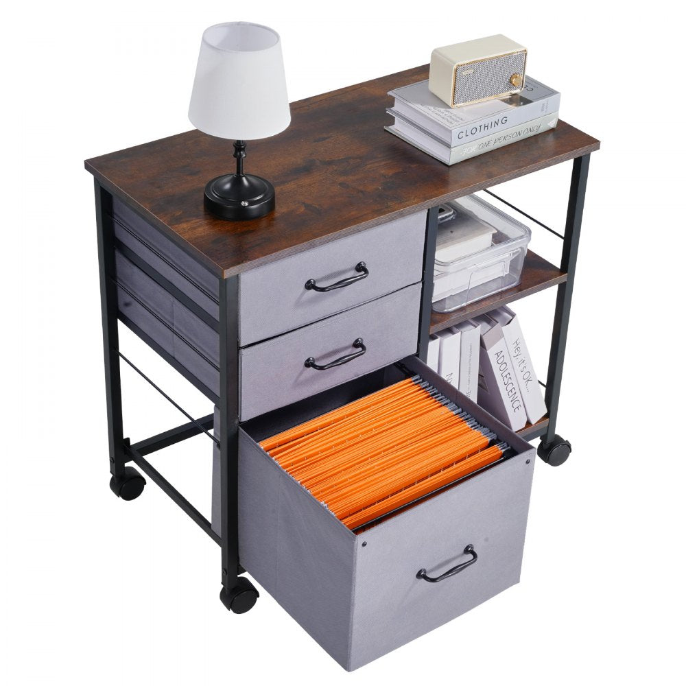 Mobile Metal File Cabinet with 3 Fabric Drawers and 2 Open Shelves Brown