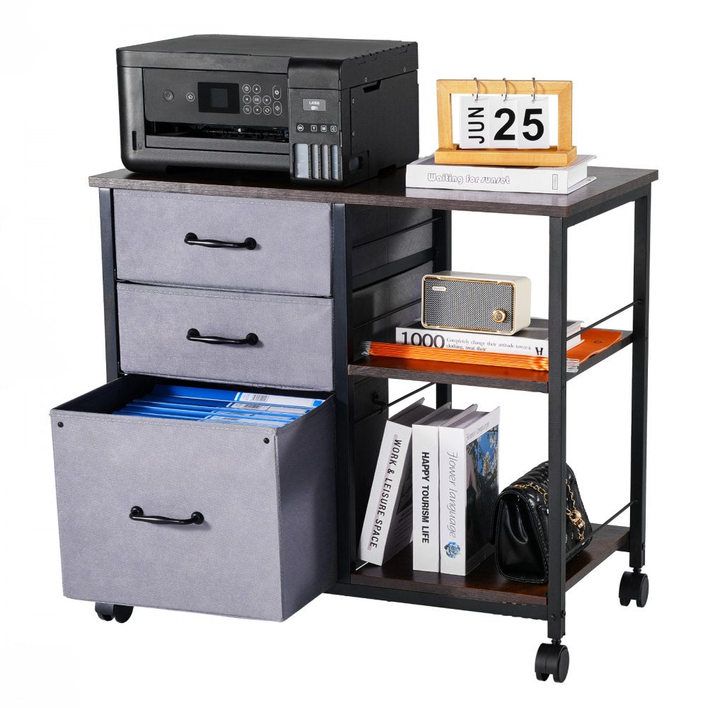Mobile Metal File Cabinet with 3 Fabric Drawers and 2 Open Shelves Brown