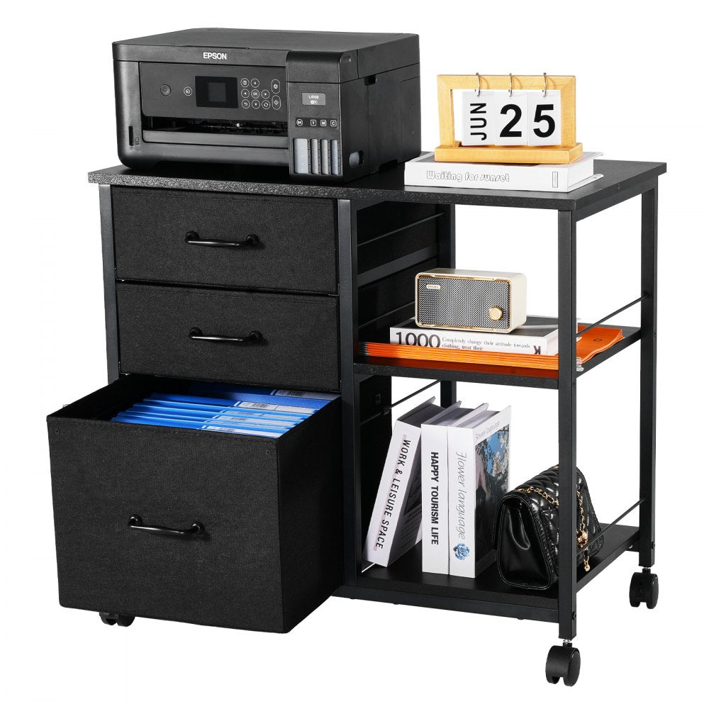 Mobile Metal File Cabinet with 3 Fabric Drawers and 2 Open Shelves Black