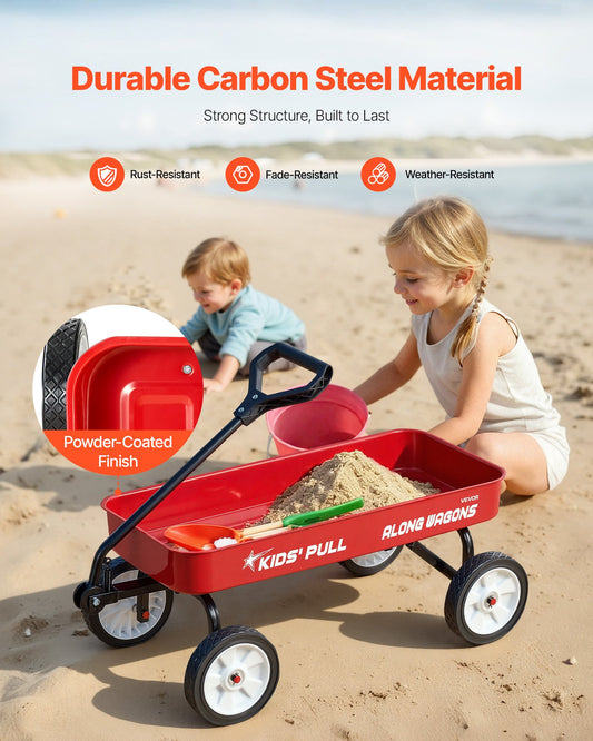 Pull-Along Wagon for Kids, 101 cm Toddler Wagons, Supports up to 80kg, All-Terrain Wagons with Handle, Utility Wagon Cart Birthday Present for Kids Gardening Beach Camping, Red