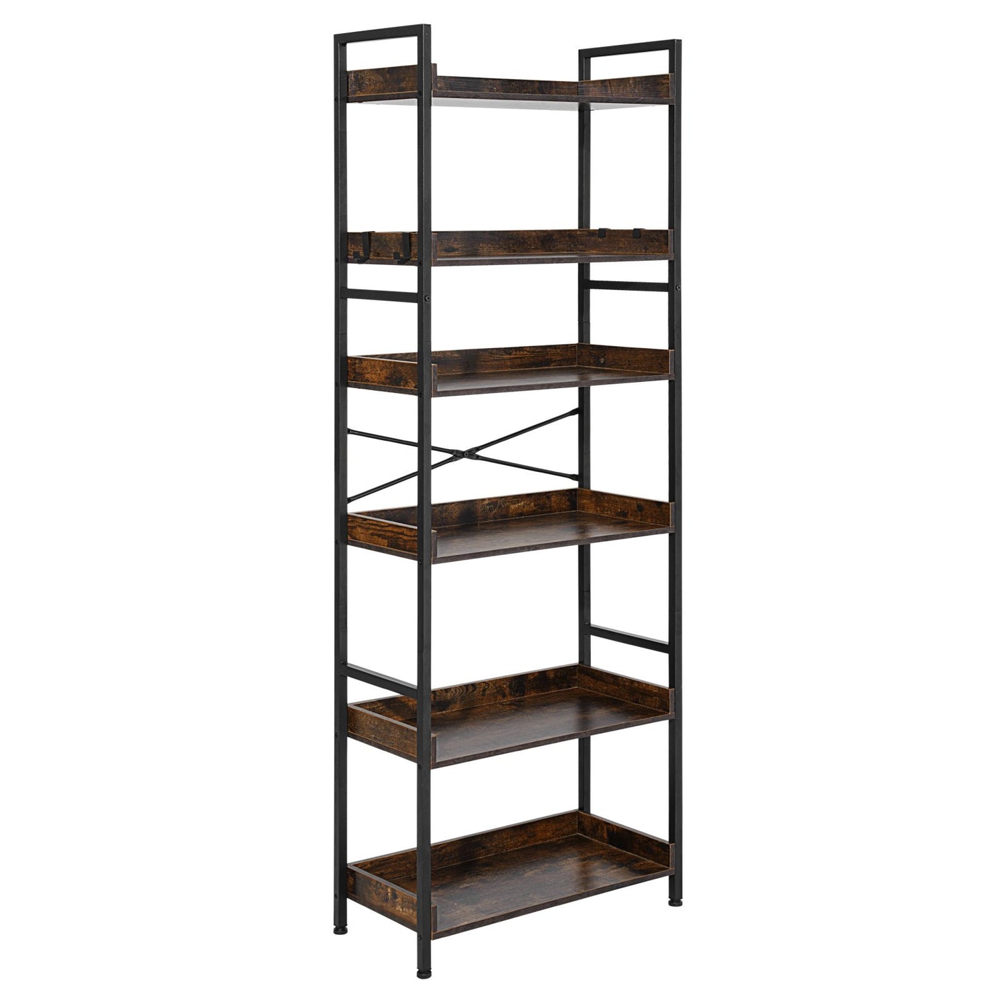 Industrial Bookshelf, 6-Tier, Vintage Ladder Shelf Bookshelves and Bookcases, with Metal Frame, Book Organizer with Open Shelves, for Living Room, Bedroom, Kitchen, Home Office, Rustics Brown