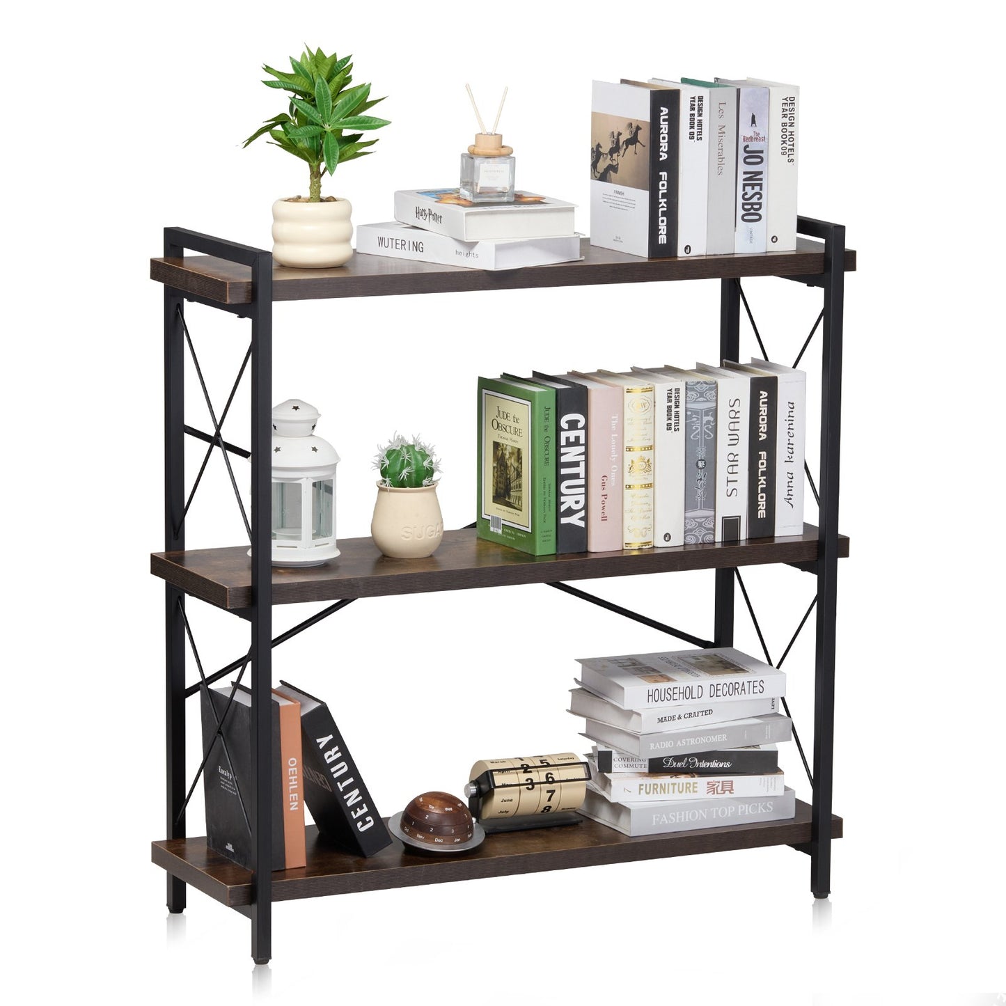 VEVOR Metal Bookshelf Rustic Bookshelf 3-Tier for Living room Bedroom & Office