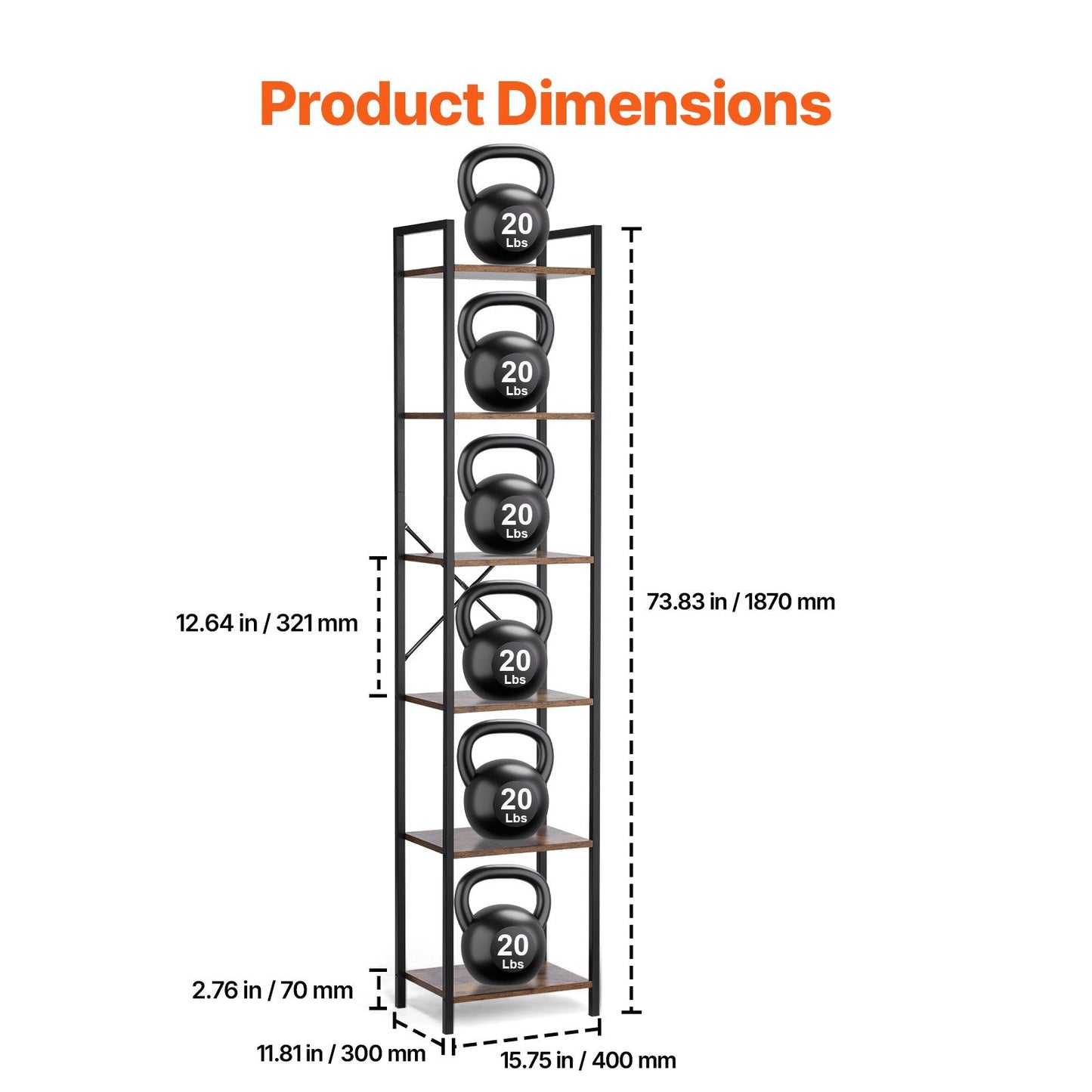Rustic 6-Tier Metal Bookshelf for Home and Office - 1.87m, 9.07kg Capacity