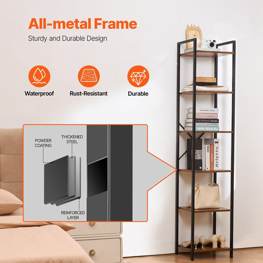 Rustic 6-Tier Metal Bookshelf for Home and Office - 1.87m, 9.07kg Capacity