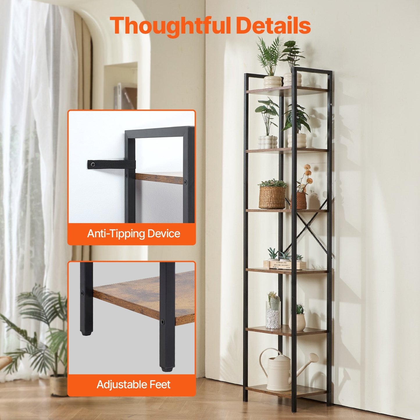 Rustic 6-Tier Metal Bookshelf for Home and Office - 1.87m, 9.07kg Capacity