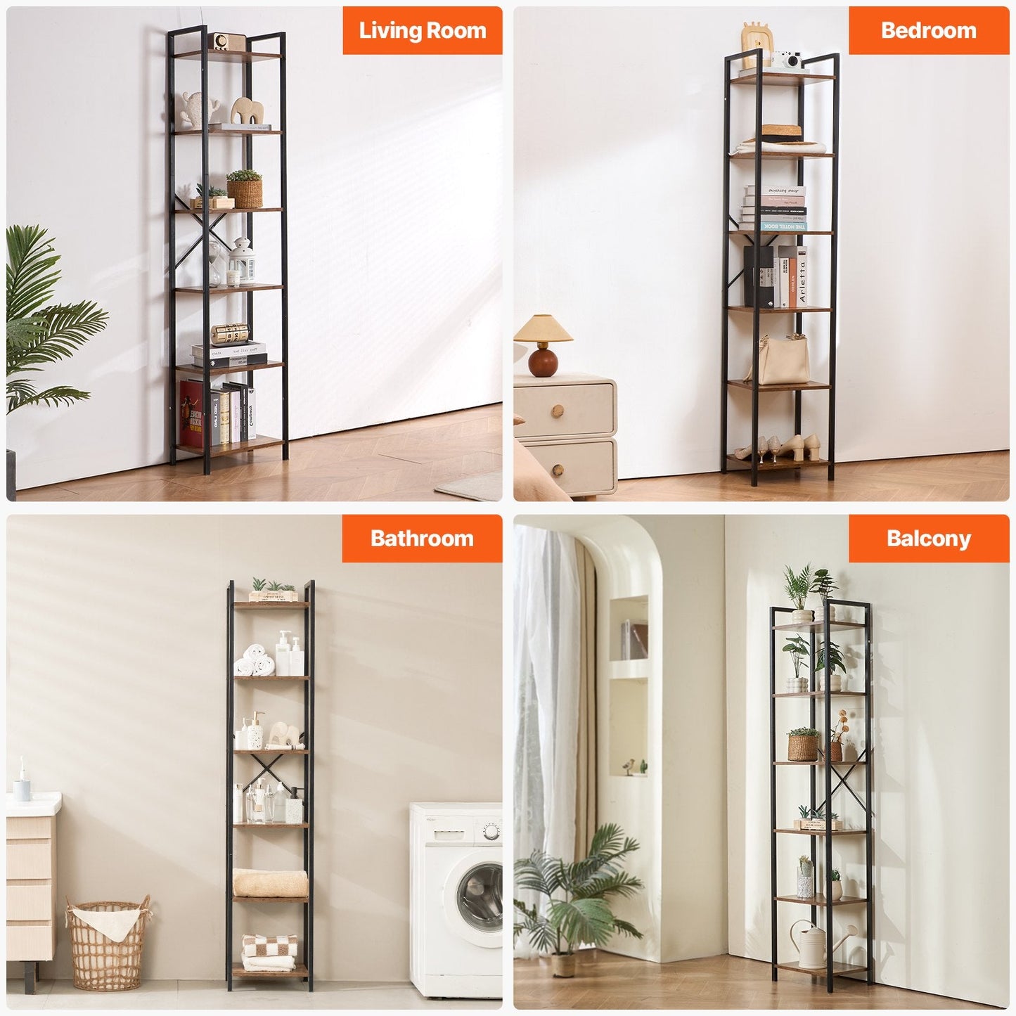 Rustic 6-Tier Metal Bookshelf for Home and Office - 1.87m, 9.07kg Capacity
