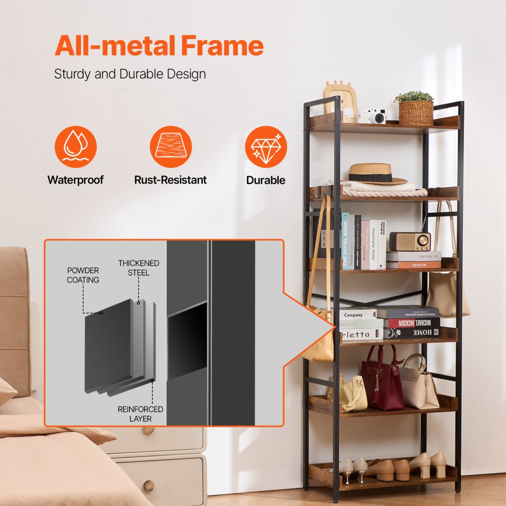 VEVOR Metal Bookshelf Rustic Bookshelf 6-Tier for Living room Bedroom & Office