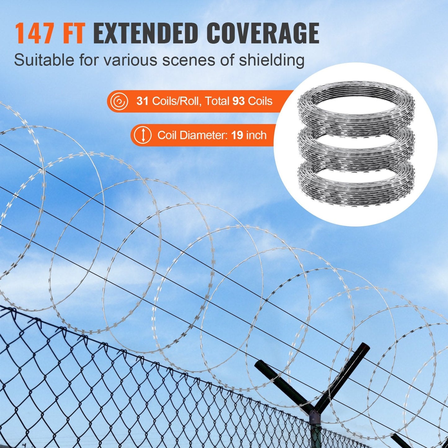 Razor Barbed Wire Fencing, 45m, 3 Rolls, Spiral, Galvanized for Ultimate Security