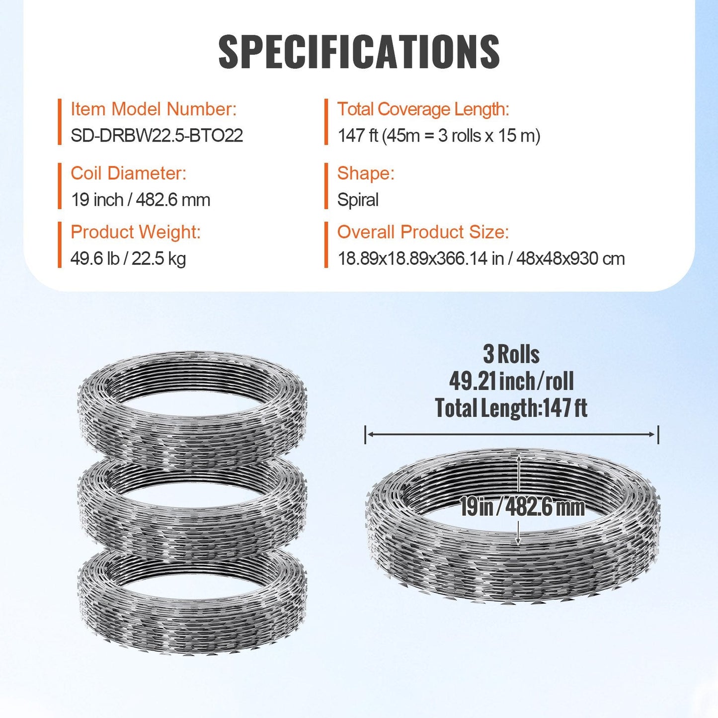 High-Security Double Spiral Razor Wire Fencing, 45m, 3 Rolls