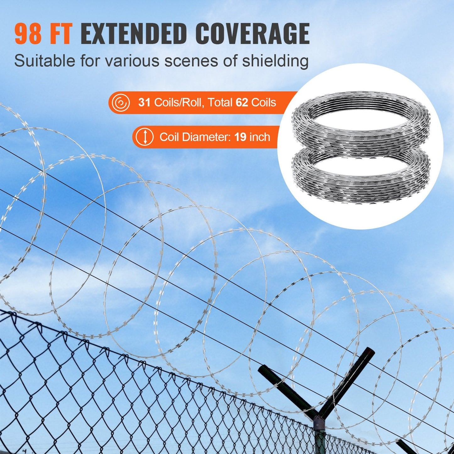 Galvanized Spiral Razor Wire Fence, 30m (98 ft) Barbed Wire for Enhanced Security