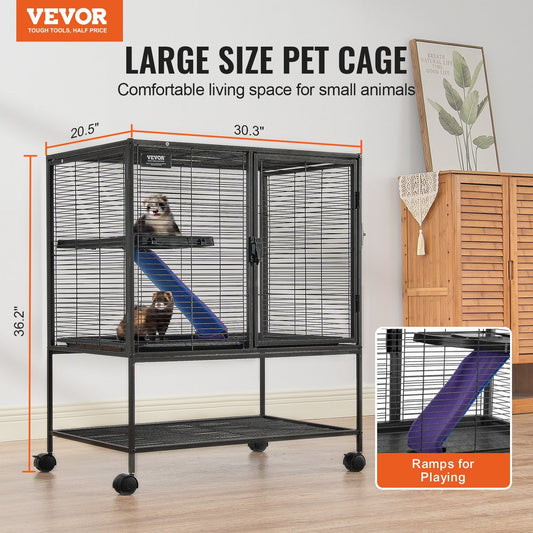 Metal ferret cage with fabric-covered non-slip ramp supports climbing, exercise, and playful daily activities