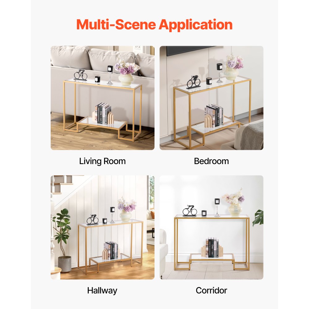 VEVOR 2-Tier Glass Console Table Rectangle Sofa Side Table with Anti-Tip Golden