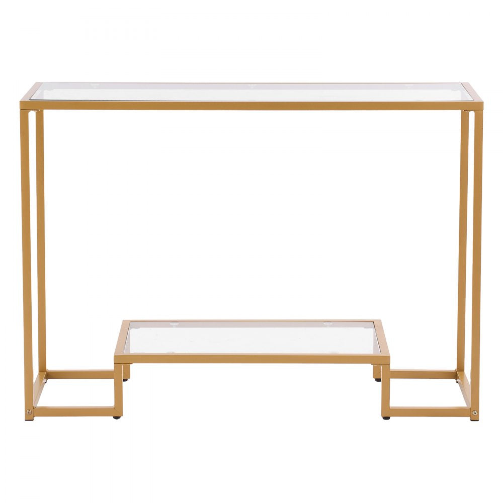 VEVOR 2-Tier Glass Console Table Rectangle Sofa Side Table with Anti-Tip Golden