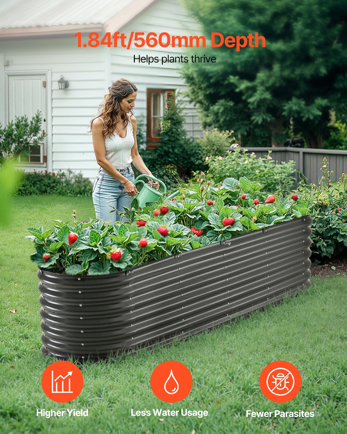 VEVOR Metal Raised Garden Bed 8x2x2 ft Outdoor Galvanized Planter Box Dark Gray