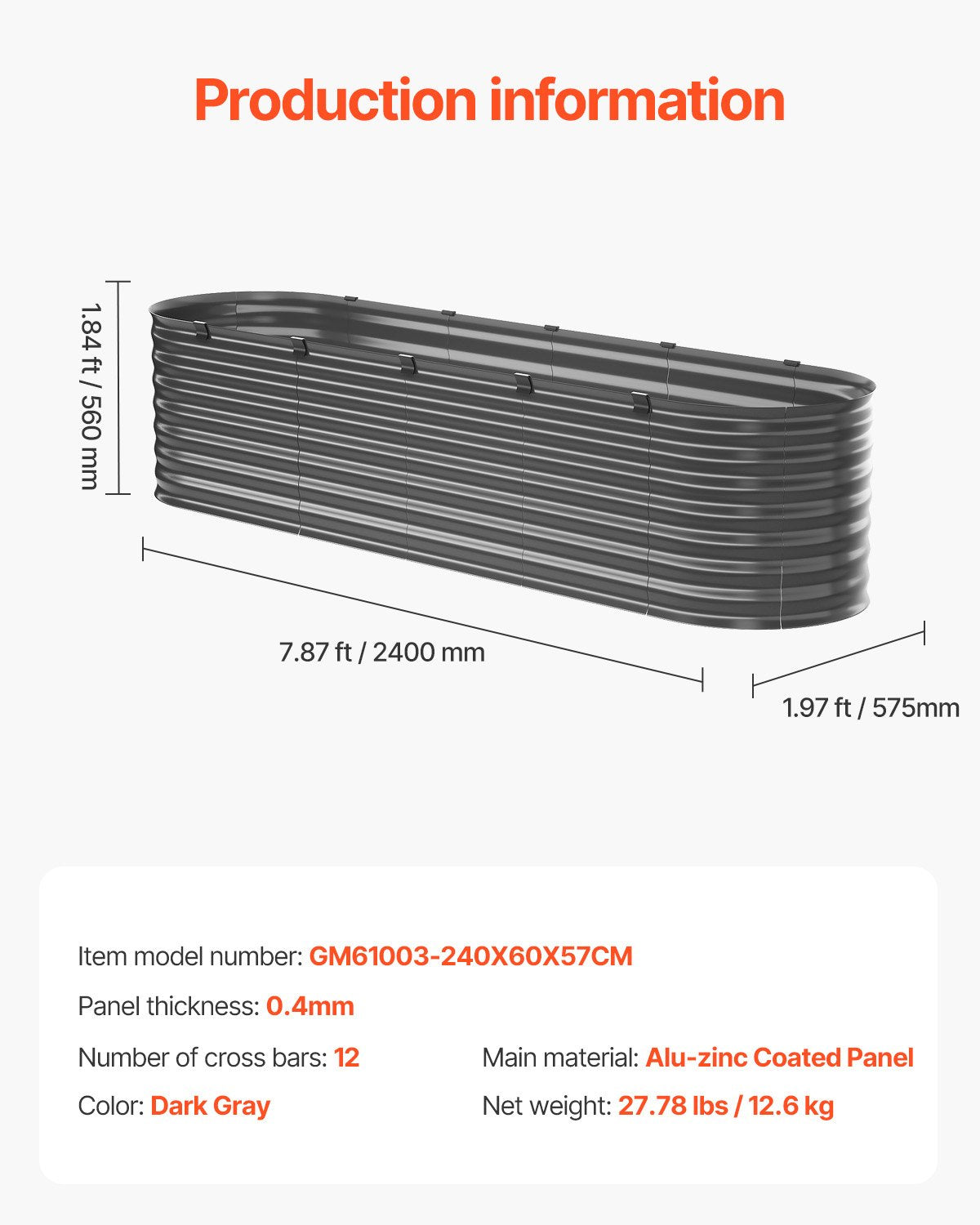 VEVOR Metal Raised Garden Bed 8x2x2 ft Outdoor Galvanized Planter Box Dark Gray