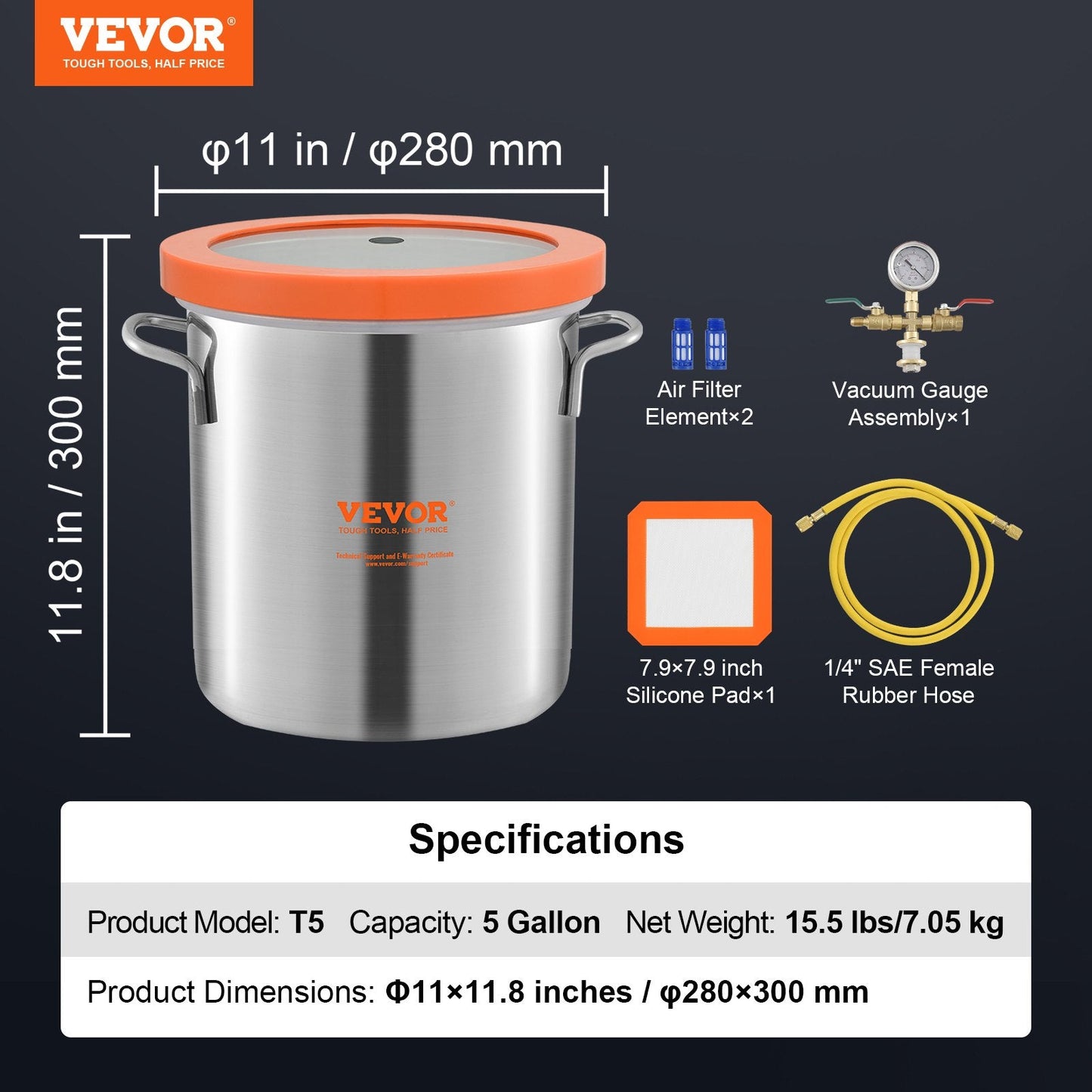 5 Gallon Vacuum Chamber with Tempered Glass Lid, 304 Stainless Steel, 0.28x0.3m