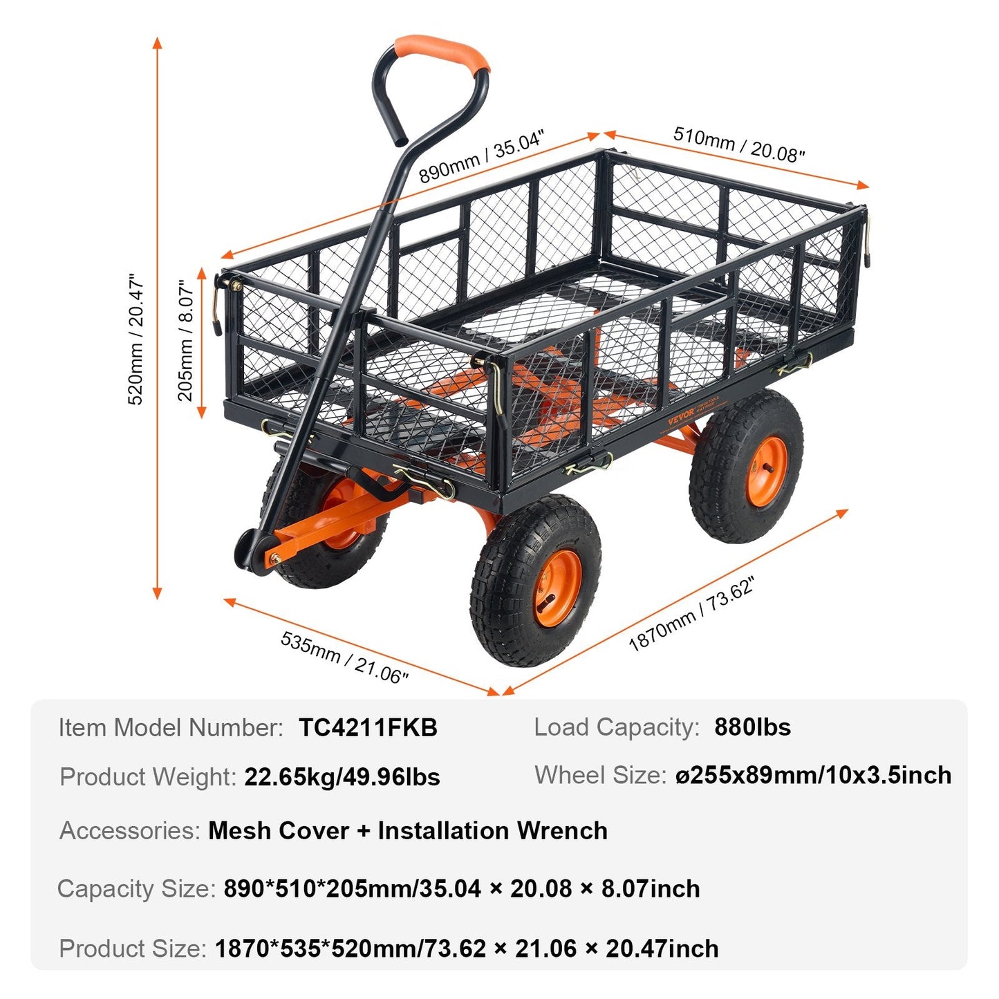 Heavy-Duty Metal Garden Cart with 399kg Capacity and Convertible Handle