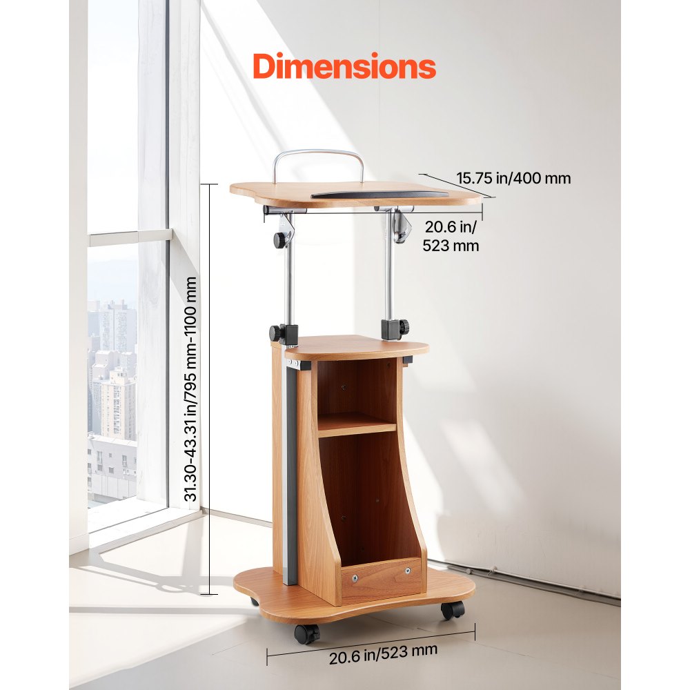 VEVOR Podium Stand 1100 mm Wooden Lectern with Wheels Storage Height Adjustable