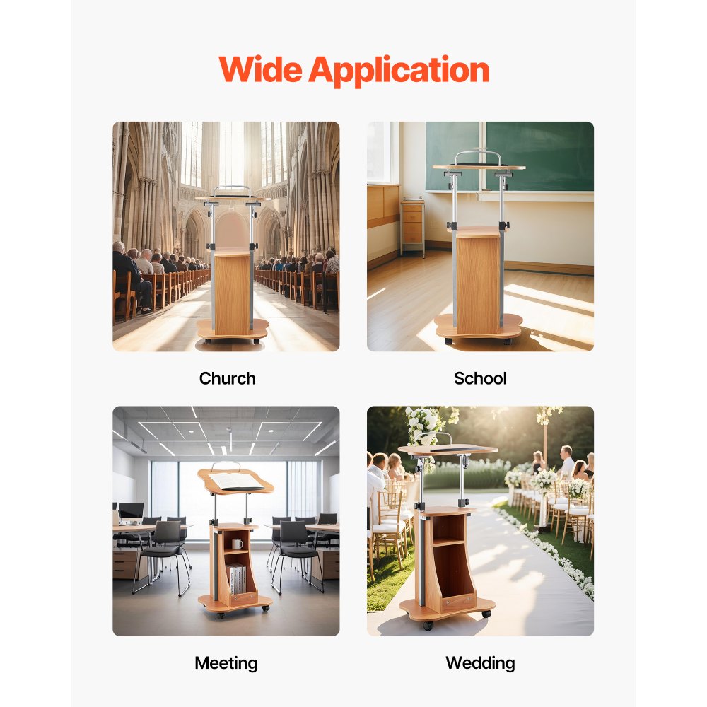 VEVOR Podium Stand 1100 mm Wooden Lectern with Wheels Storage Height Adjustable