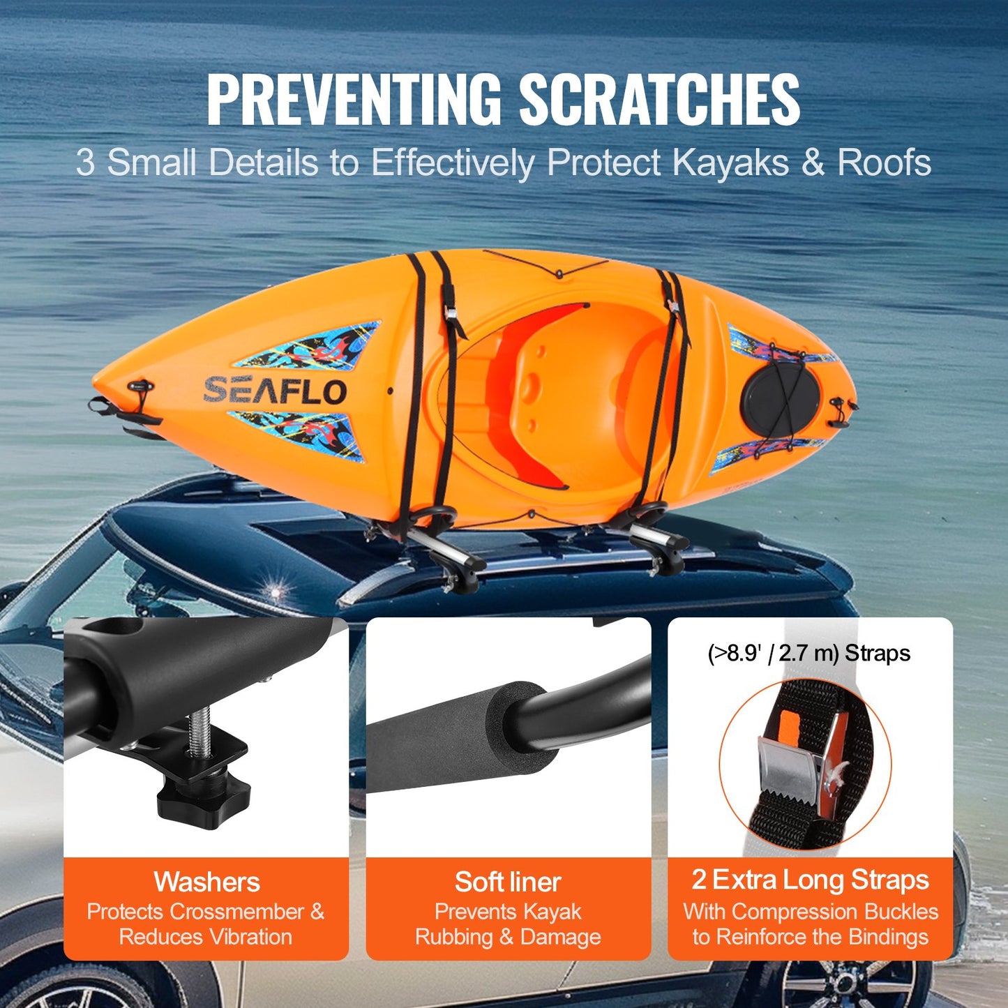 VEVOR Kayak Roof Rack 1 Pair J-Bar, Soft Roof Rack, Top Mount Tie Down, Carrier