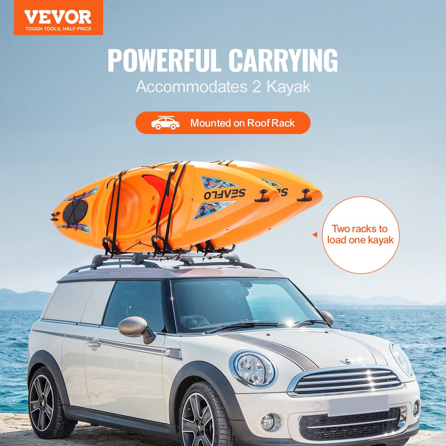 VEVOR Kayak Roof Rack 2 Pairs J-Bar, Soft Roof Rack, Top Mount Tie Down, Carrier