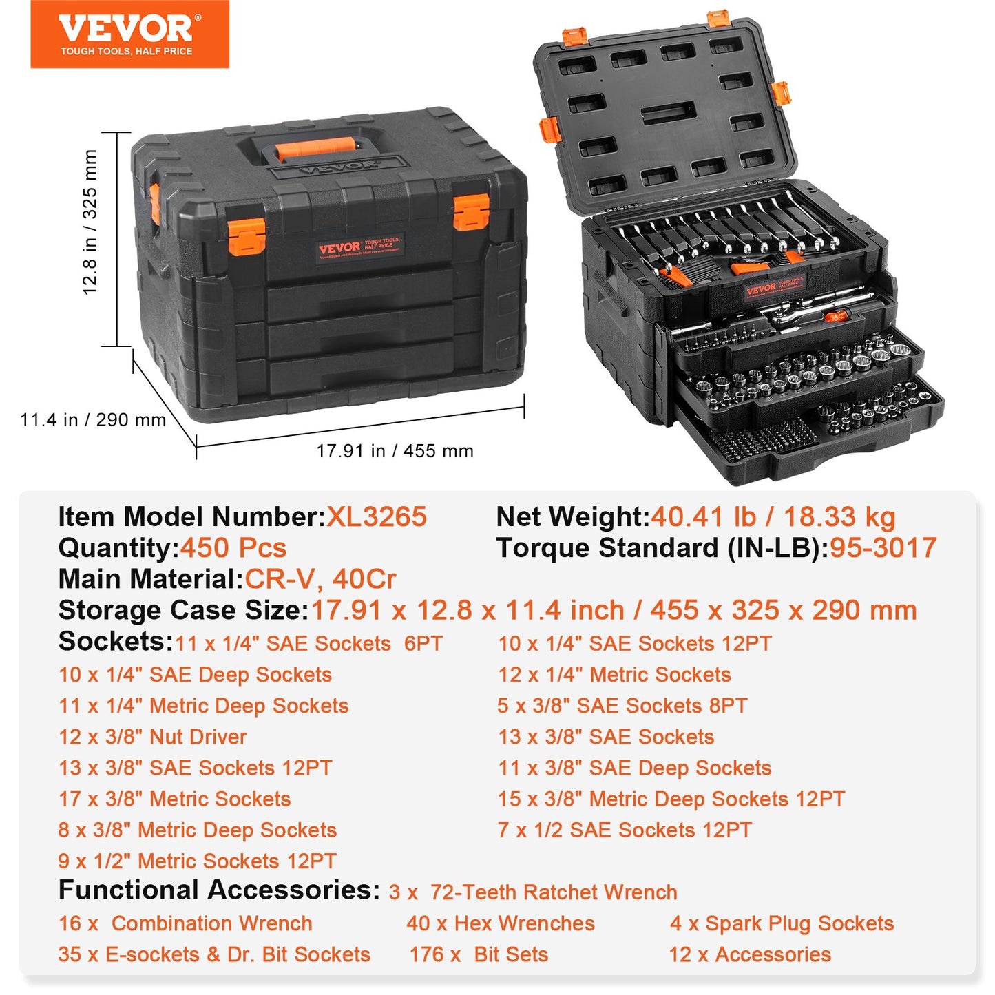 VEVOR Mechanics Tool Set and Socket Set, 1/4" 3/8" 1/2" Drive Deep and Standard
