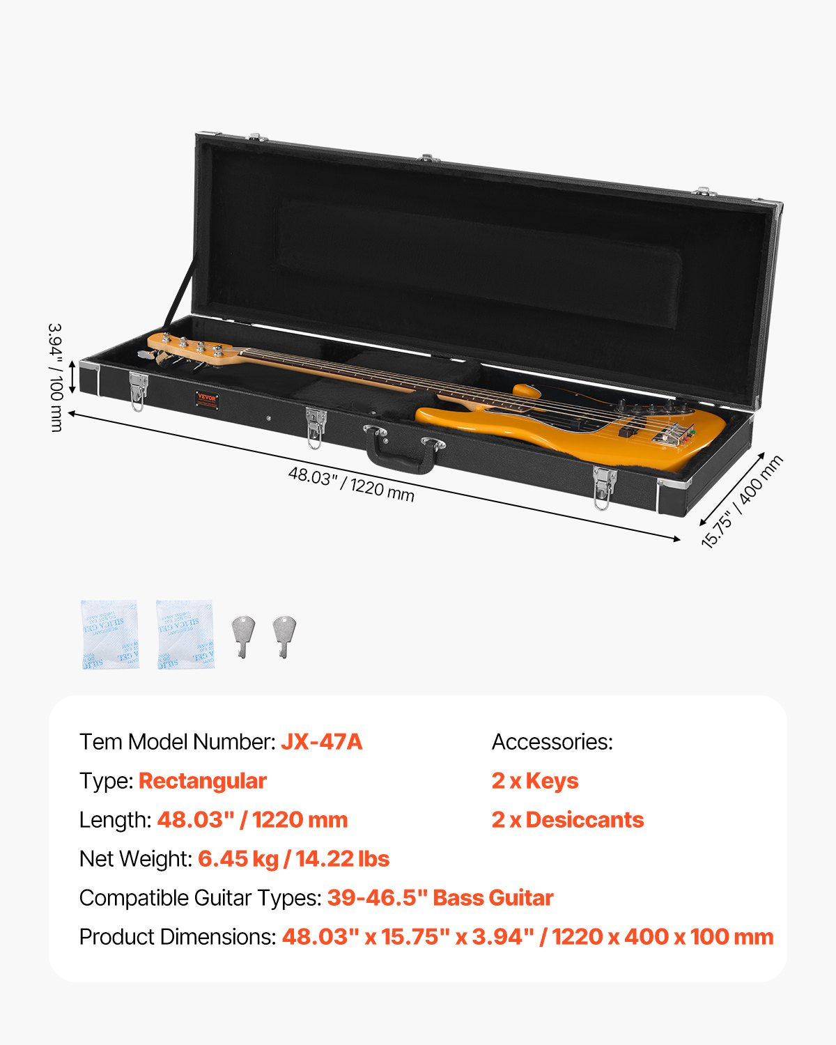 VEVOR Bass Guitar Hard Case 1220 mm Waterproof With Lock And Key for Bass Guitar