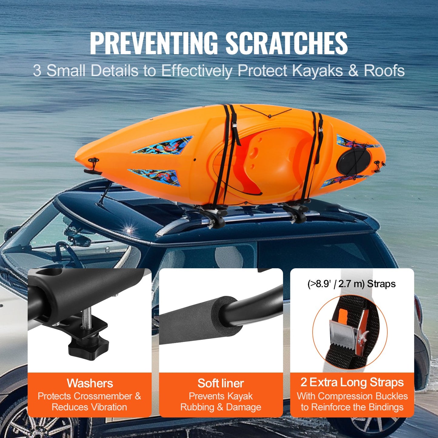 VEVOR Kayak Roof Rack 1 Pair J-Bar, Soft Roof Rack Quick Folding, Top Mount Tie