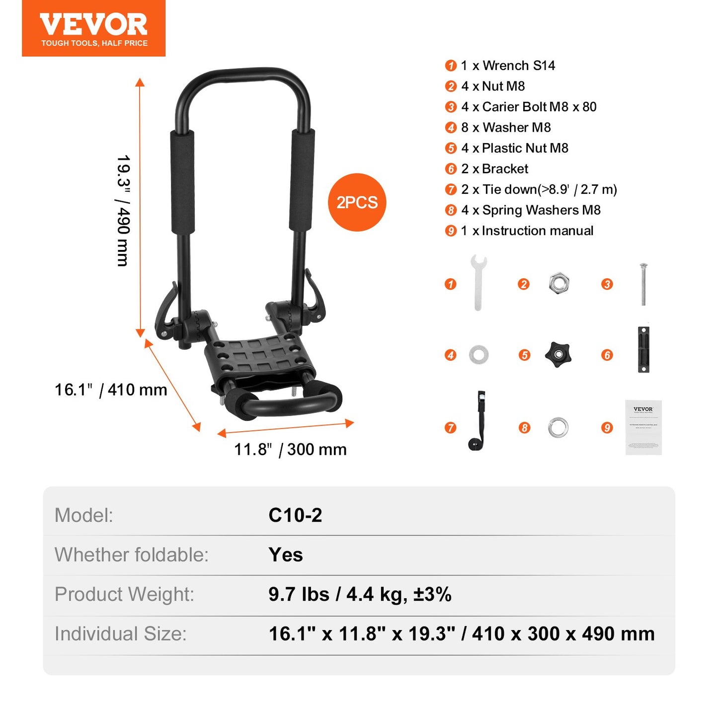 VEVOR Kayak Roof Rack 1 Pair J-Bar, Soft Roof Rack Quick Folding, Top Mount Tie