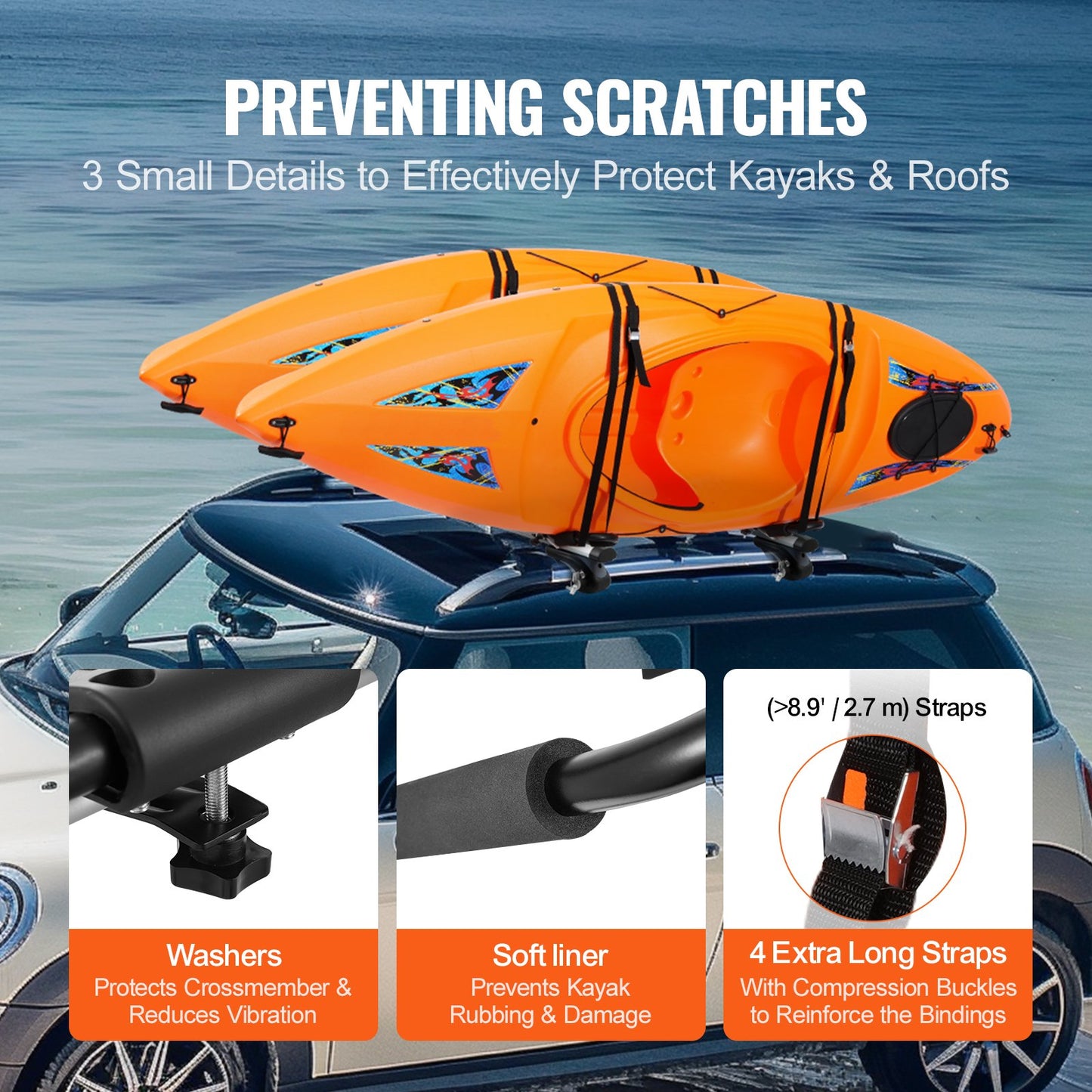VEVOR Kayak Roof Rack 2 Pairs J-Bar, Soft Roof Rack Quick Folding, Top Mount Tie