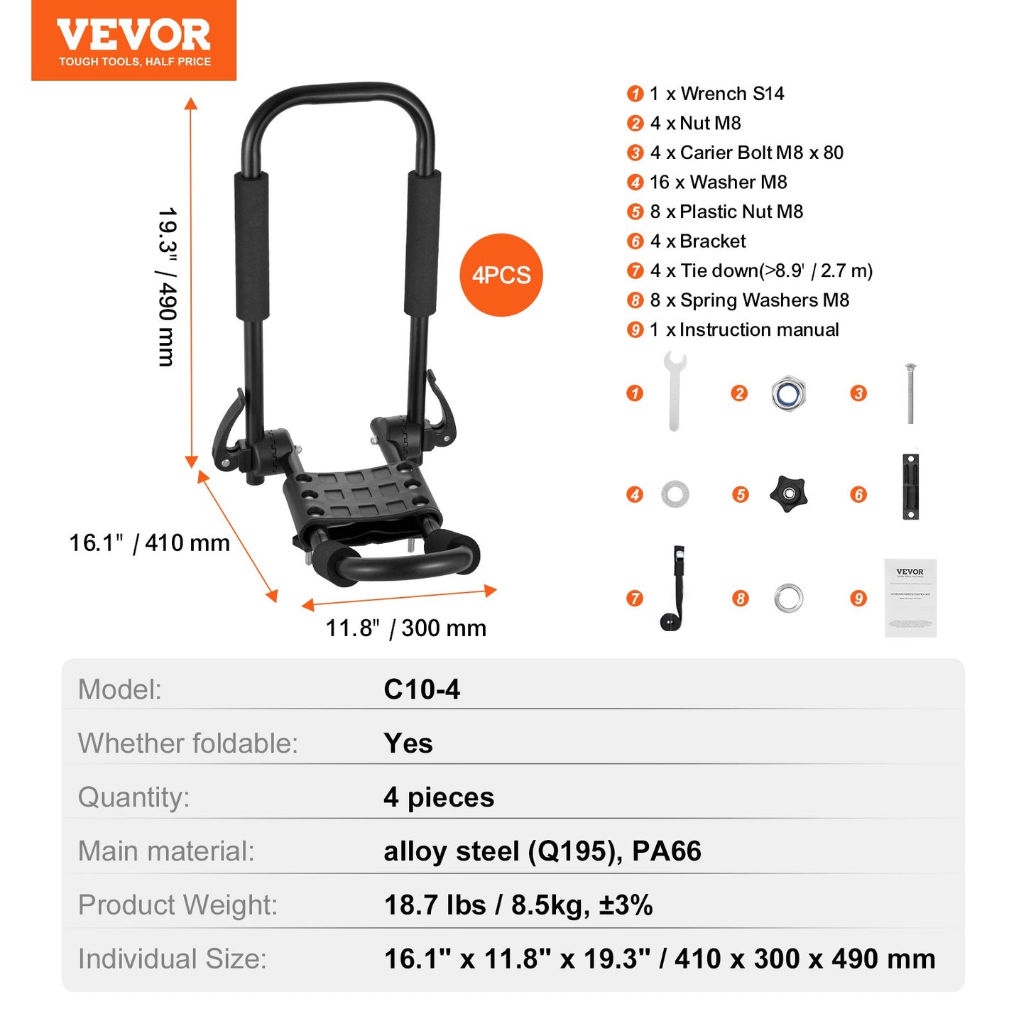 VEVOR Kayak Roof Rack 2 Pairs J-Bar, Soft Roof Rack Quick Folding, Top Mount Tie