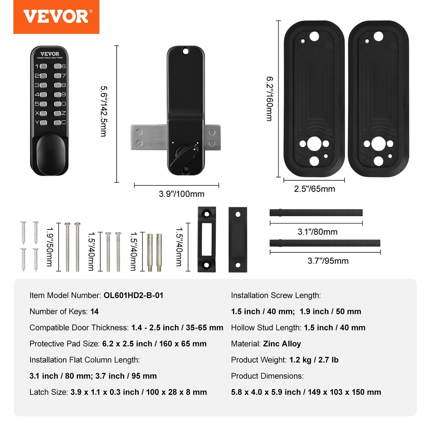 VEVOR Mechanical Keyless Entry Door Lock, 14 Digit Keypad, Water-proof Zinc Alloy,