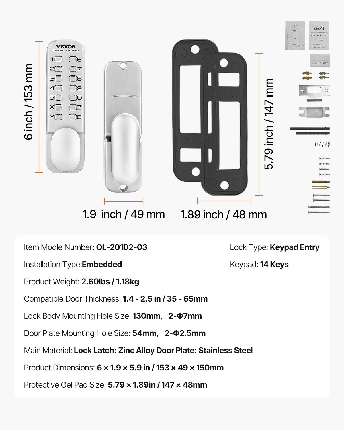 VEVOR Mechanical Keyless Entry Door Lock 14 Key Mechanical Keypad Door Knob Home
