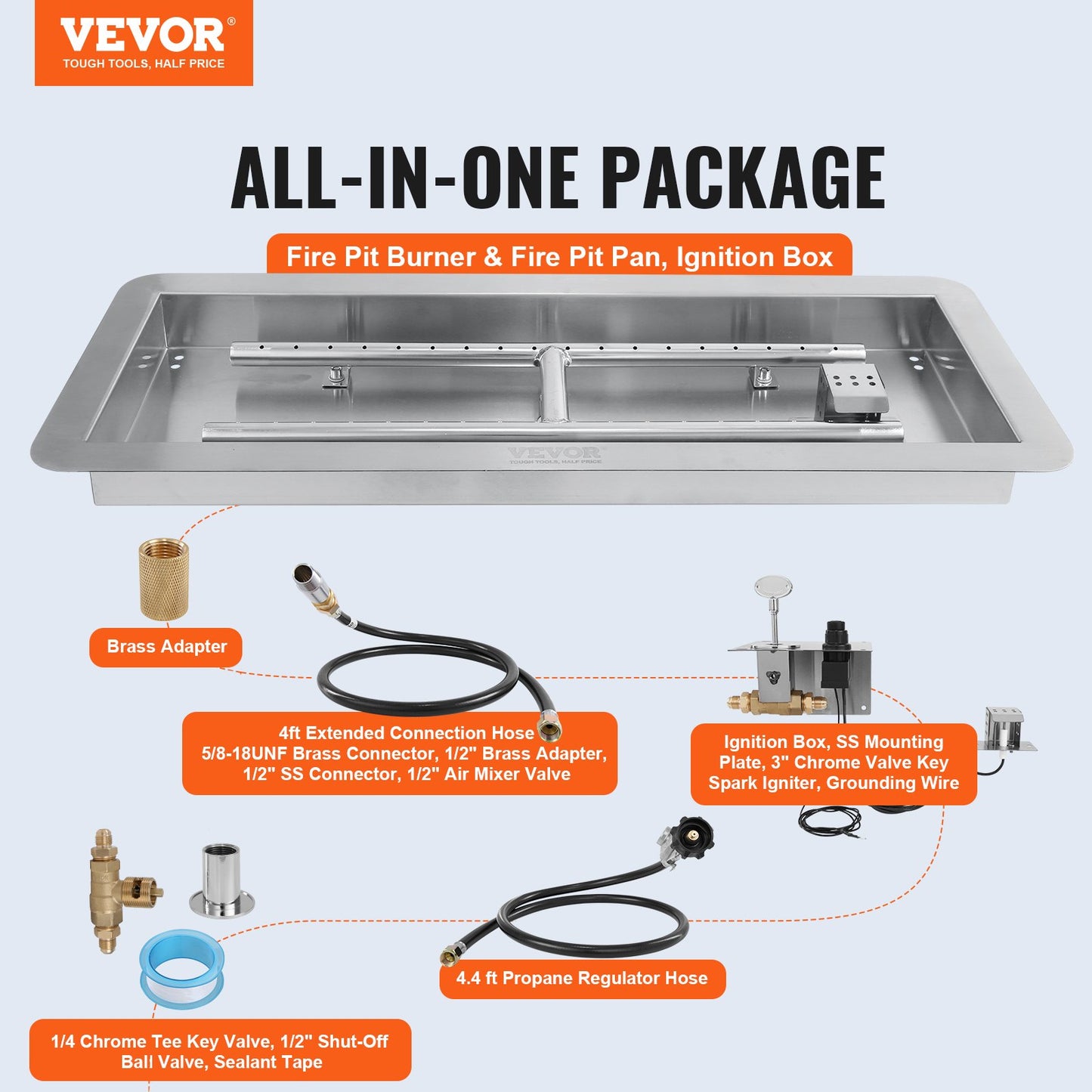 VEVOR 24 x 8 inch Drop-in Fire Pit Pan, Rectangular Stainless Steel Fire Pit Burner