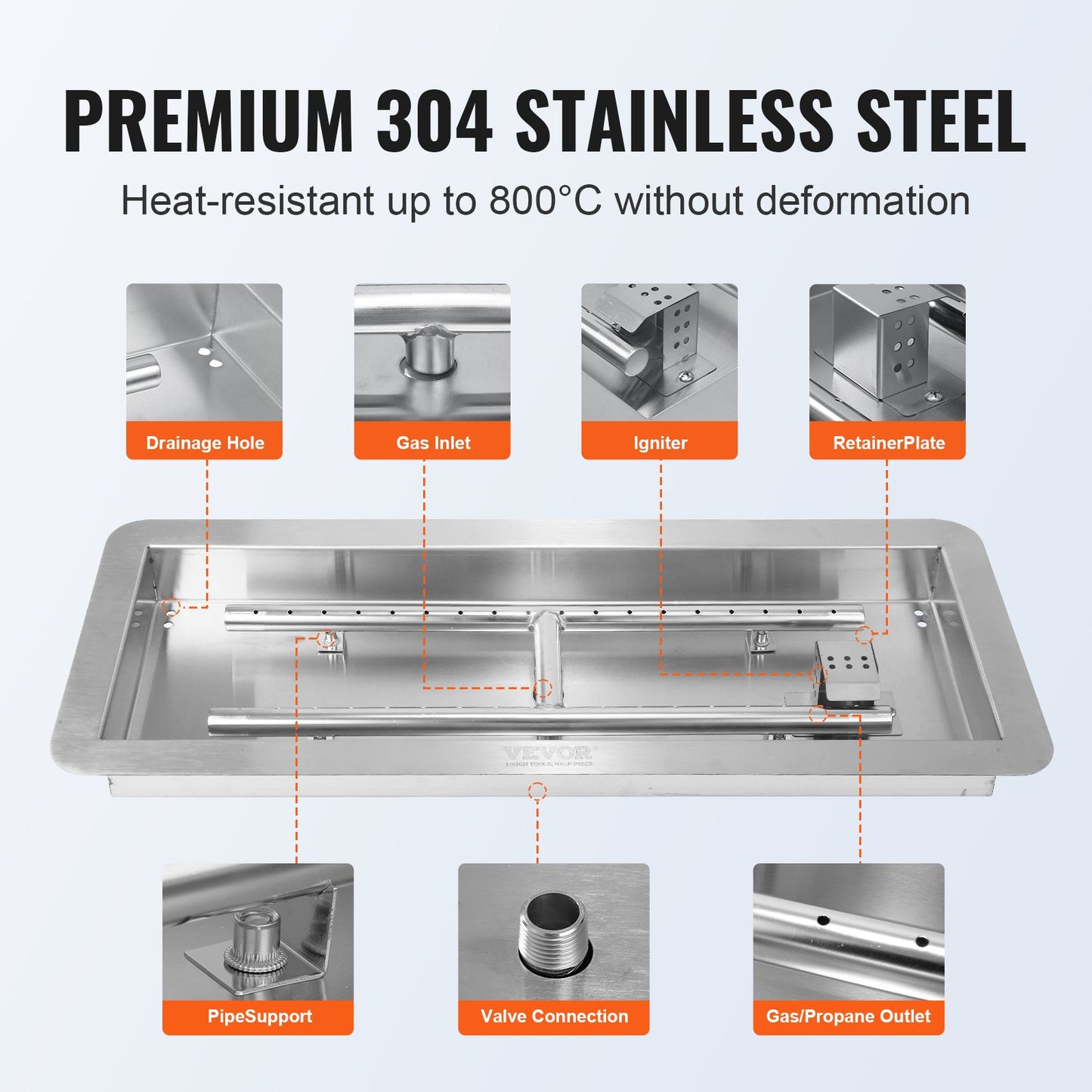 VEVOR 24 x 8 inch Drop-in Fire Pit Pan, Rectangular Stainless Steel Fire Pit Burner