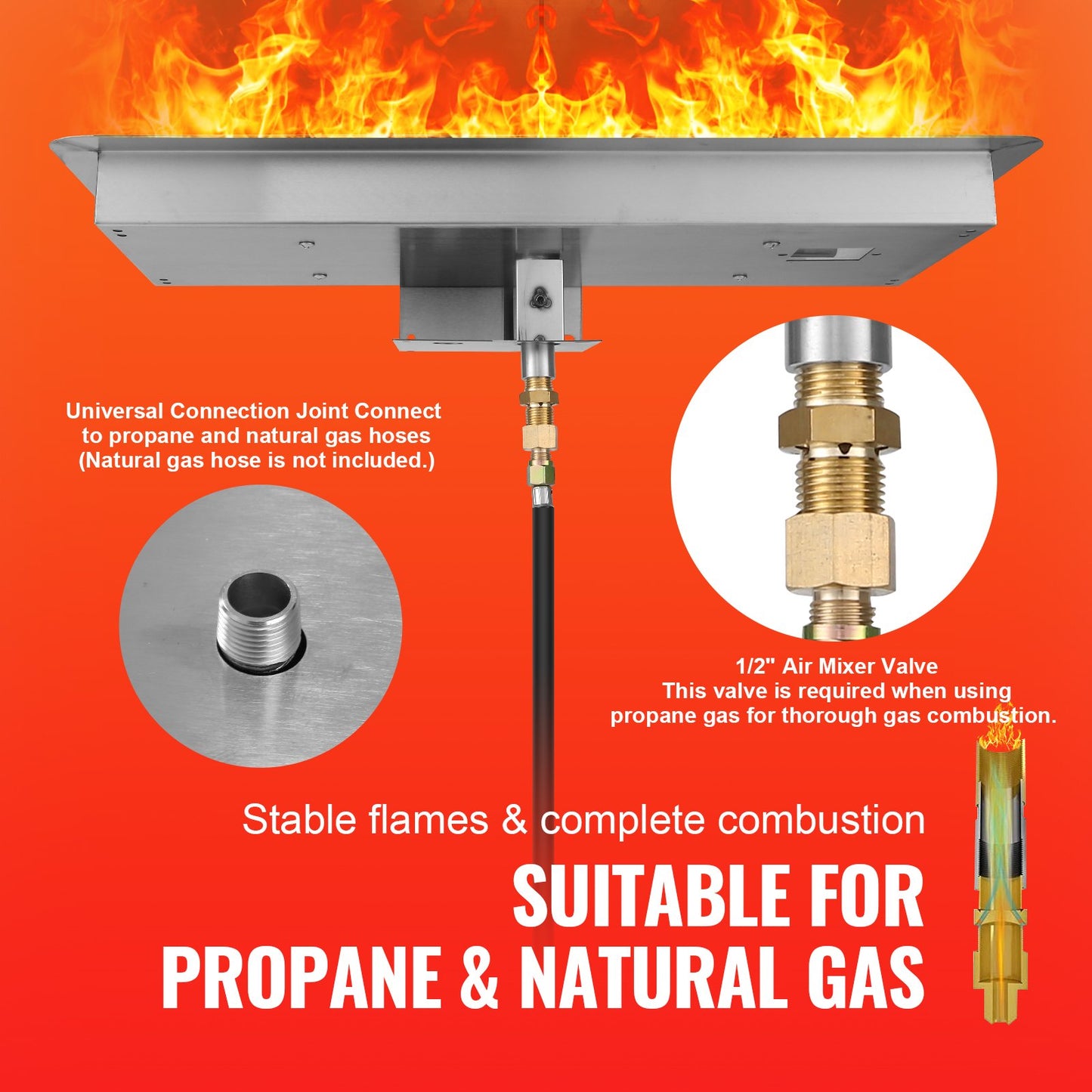 VEVOR 24 x 8 inch Drop-in Fire Pit Pan, Rectangular Stainless Steel Fire Pit Burner