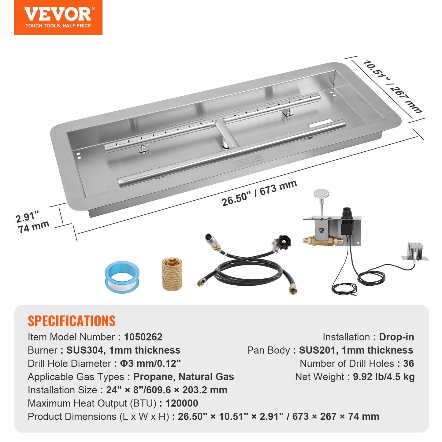 VEVOR 24 x 8 inch Drop-in Fire Pit Pan, Rectangular Stainless Steel Fire Pit Burner